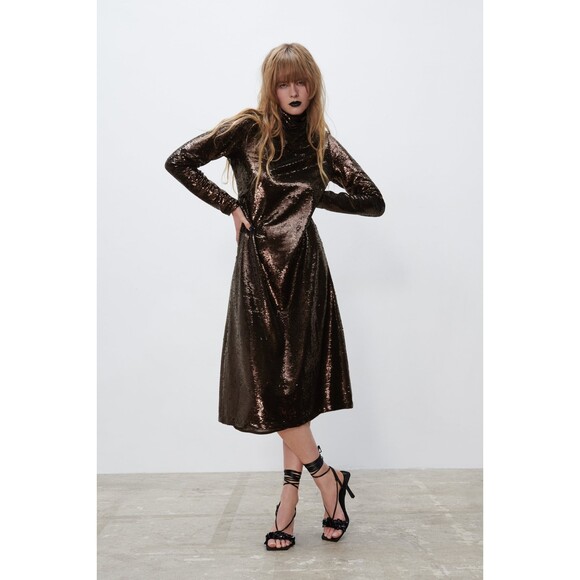 Brown Zara Sequin Cut Out Open Back Long Sleeve Knit Midi Dress (NWT) - Picture 4 of 12
